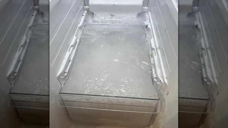 A freezer drawer completely filled with solid ice