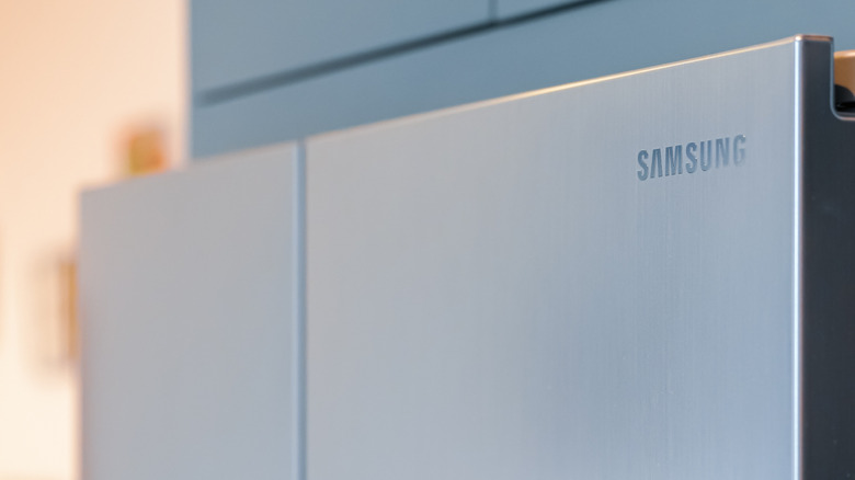 Closeup of Samsung logo on refrigerator