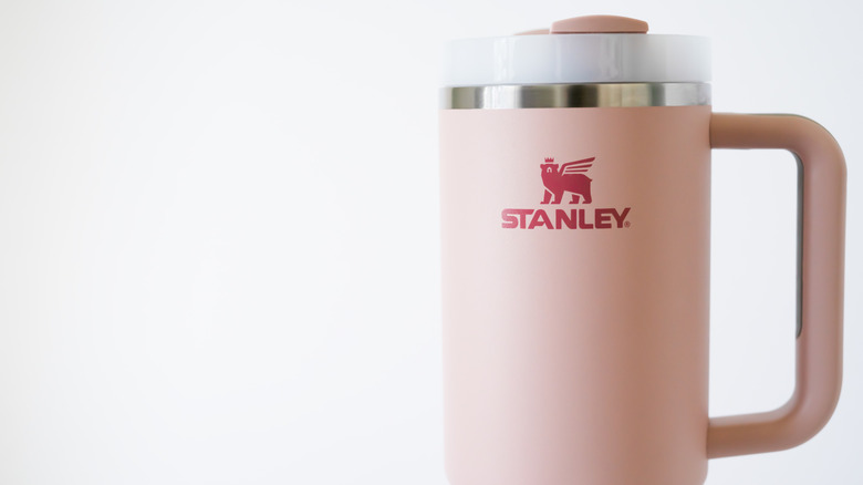 A pink Stanley water bottle