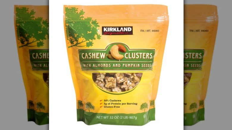 Kirkland cashew clusters on white background