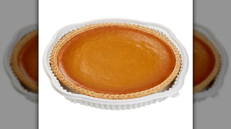 Kirkland pumpkin pie on white background