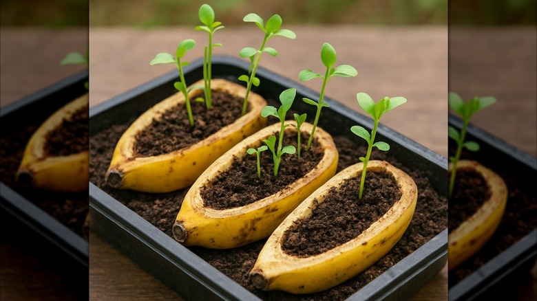 Banana peels being used as biodegradable starter pots