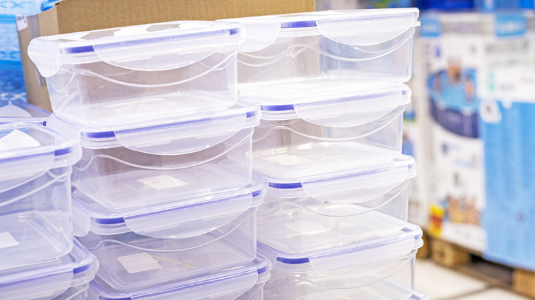 Pile of plastic containers in a store