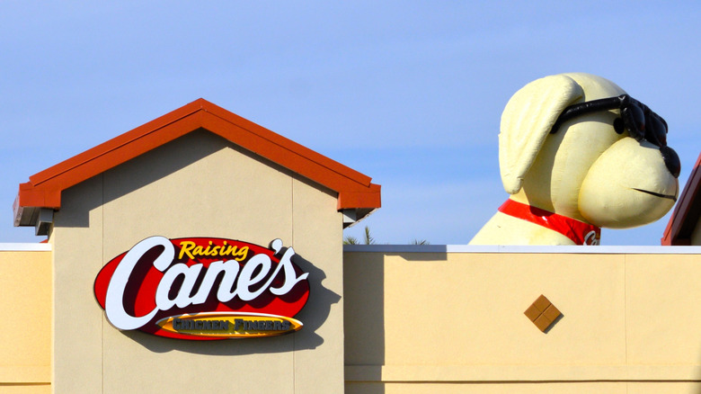 A Raising Gane's exterior sign with an inflatable yellow lab mascot on the roof