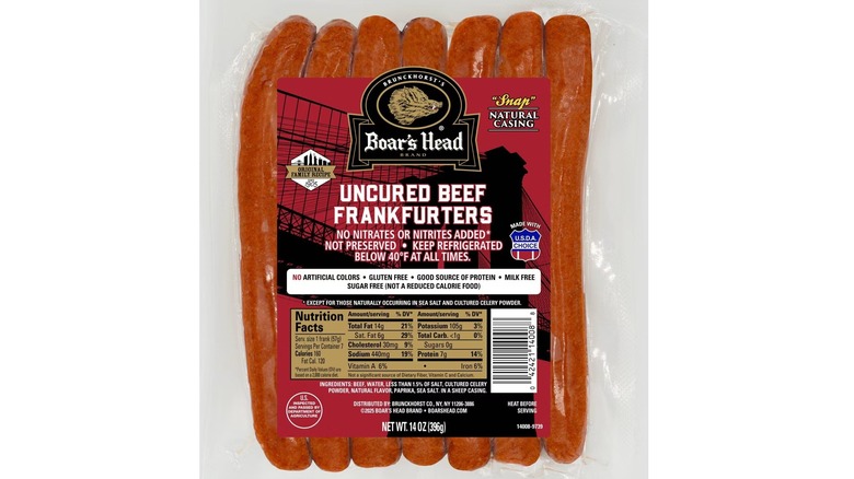 Boar's Head Uncured Beef Frankfurters on a white background.