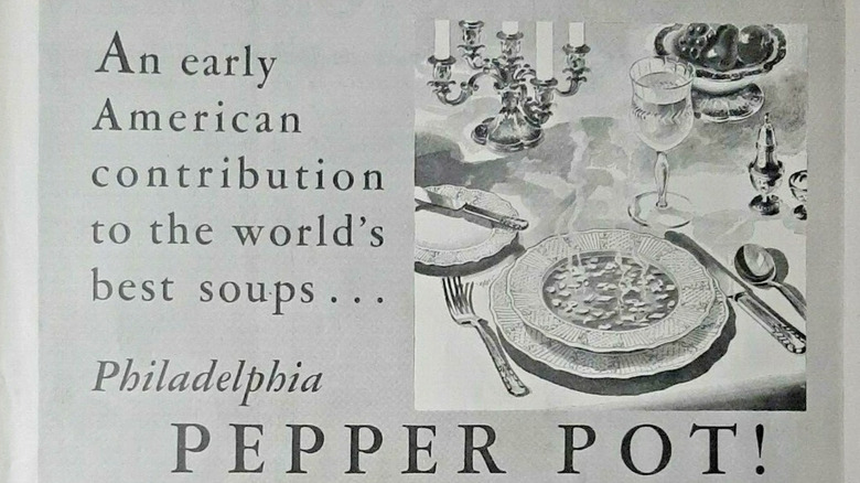 A vintage Campbell's ad with a grayscale watercolor of the soup