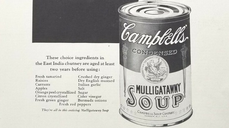 Part of a vintage Campbell's ad for canned mulligatawny soup with a drawing of the can