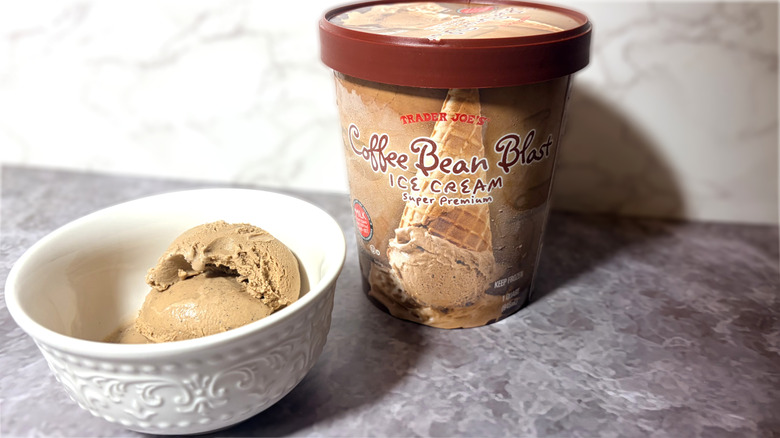 Package and bowl of coffee bean ice cream