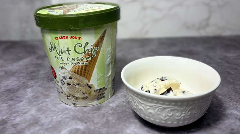 Package and bowl of mint chip ice cream