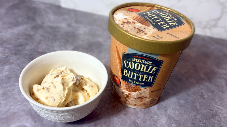 Package and bowl of cookie butter ice cream