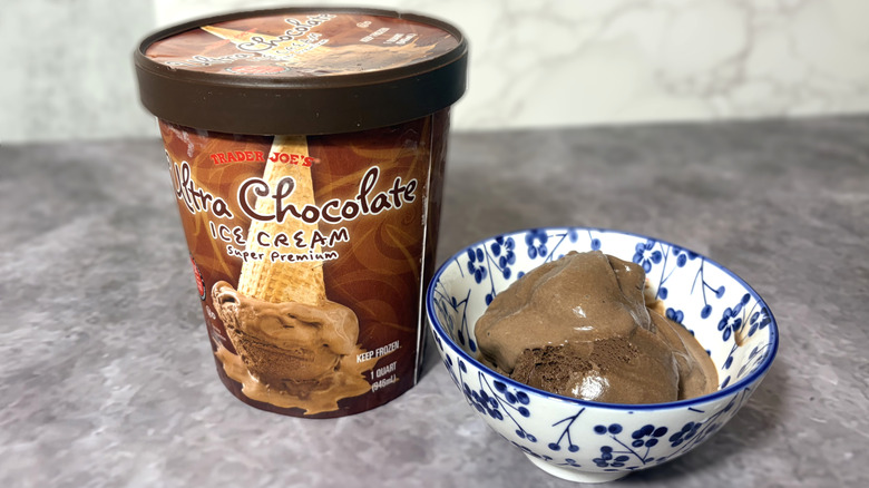 Package and bowl of chocolate ice cream