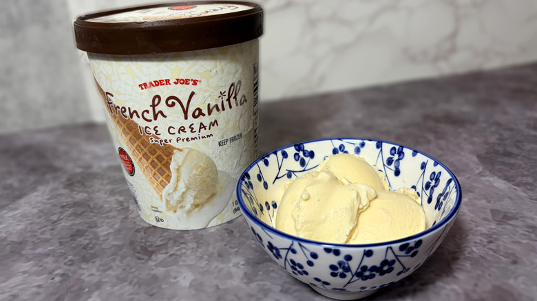 Package and bowl of vanilla ice cream