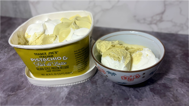 Package and bowl of pistachio and Fior di latte gelato style dessert