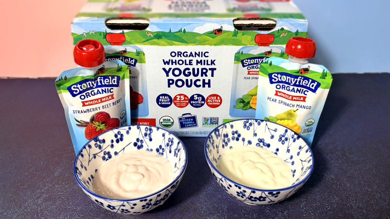 A box and two pouches and bowls of Stonyfield fruit-flavored yogurt