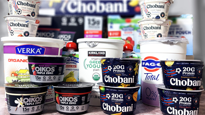 A variety of yogurt packages from Costco arranged in a stack