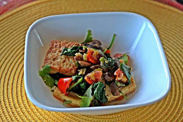Pan-Fried Tofu with Ginger, Spinach, and Mushrooms