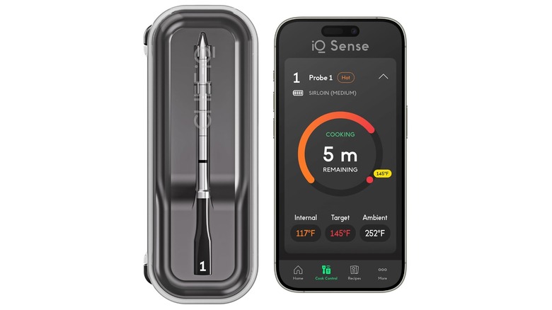 A CHEF iQ smart meat thermometer with a mockup of the CHEFiQ app view on a phone