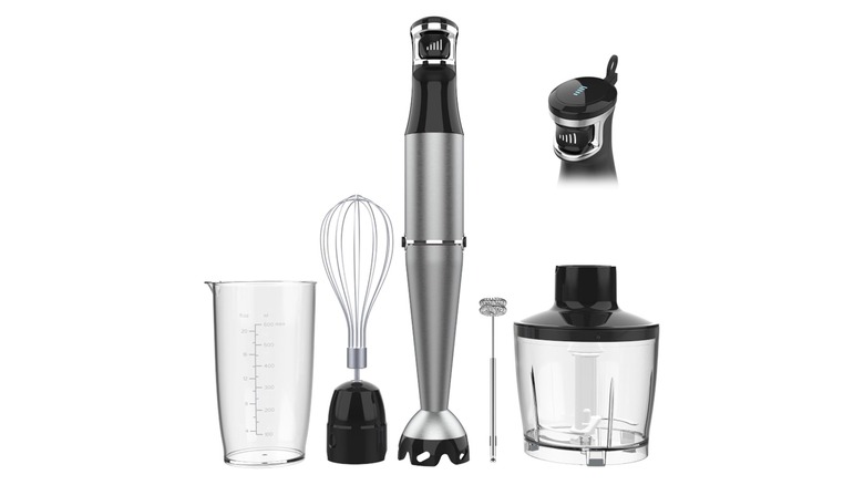 A Turelar Immersion Blender with multiple attachments