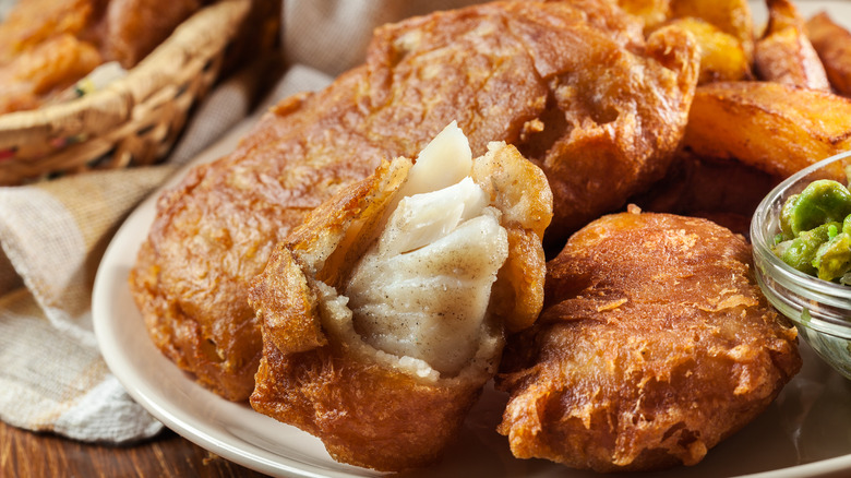 Beer-battered fish fillets on a plate