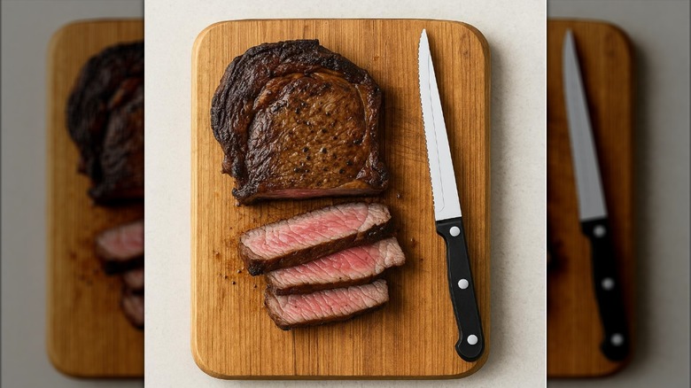 Knife and steak on cutting board