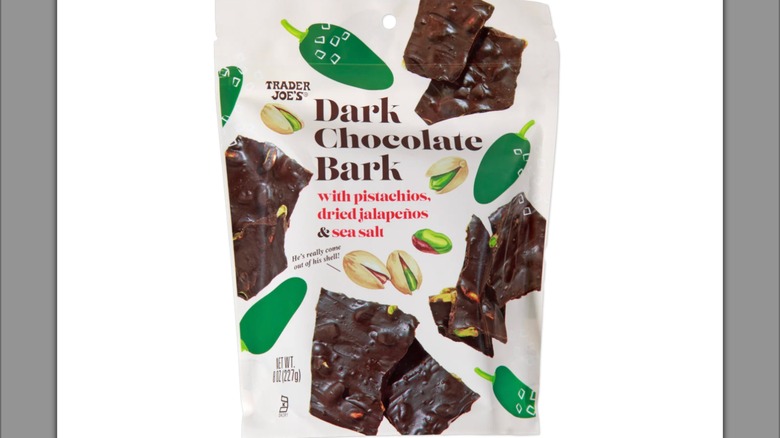 Package of Trader Joes Dark Chocolate Bark with Pistachios, Dried Jalapeños & Sea Salt