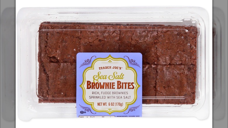 Package of Trader Joe's Sea Salt Brownie Bites with a white background