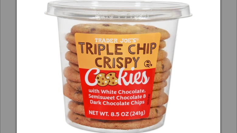 Trader Joe's Chip Crispy Cookies  container between a stack of cookies and glass of milk