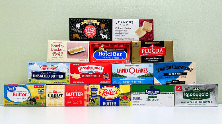 Several unsalted butter options stacked together in a pyramid shape