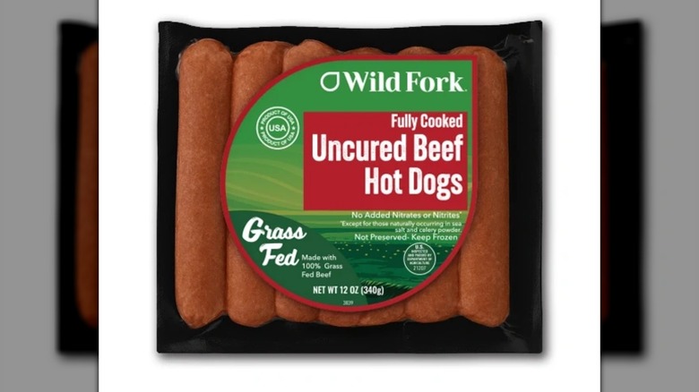 Wild Fork Grass-Fed Beef Hot Dogs in their packaging on a white background