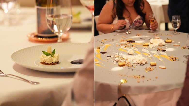 Side-by-side photos of two different meals at an Alinea restaurant