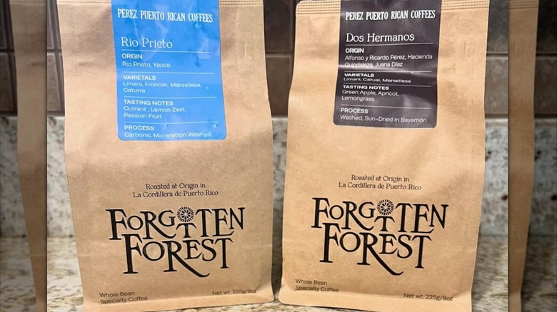 Two paper bags of coffee from Forgotten Forest