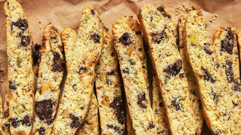 A pile of chocolate and pistachio biscotti
