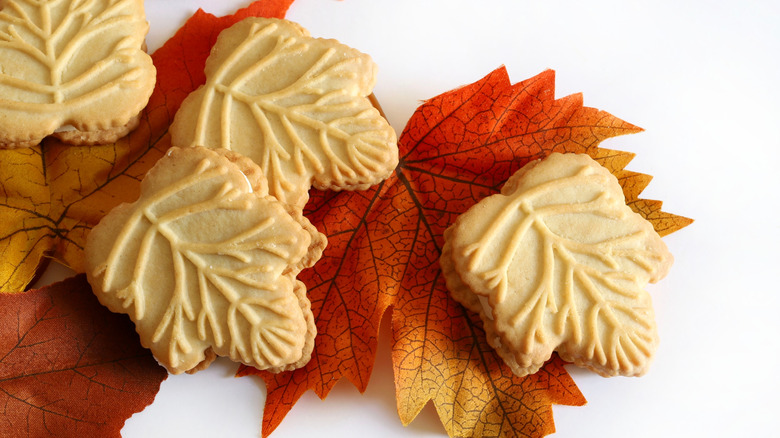 Un-iced maple leaf sugar cookies on top of maple leaves