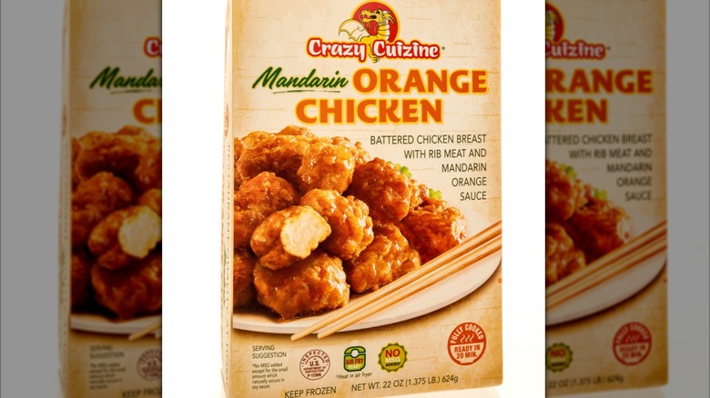 A box of Crazy Cuizine Mandarin orange chicken on a white background