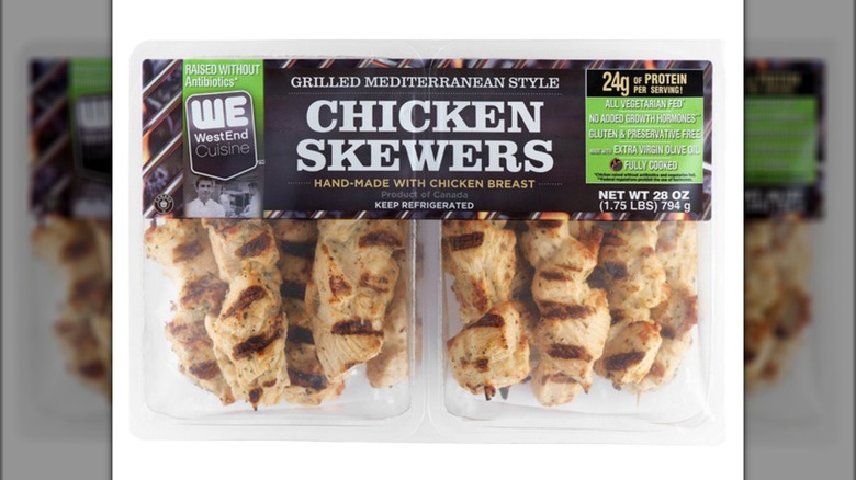 Grilled chicken skewers from Costco on a white background