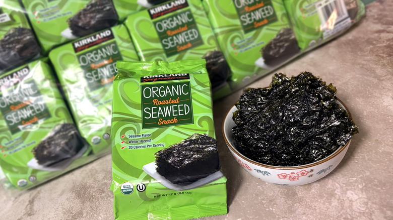 packages and bowl of Kirkland roasted seaweed