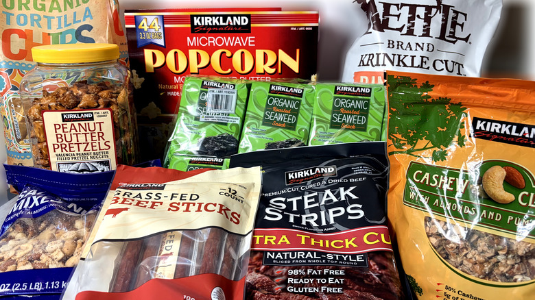 various packaged Kirkland-brand savory snacks from Costco