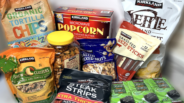 various packaged Kirkland-brand savory snacks from Costco