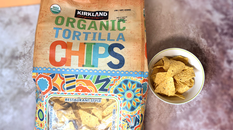 bag and bowl of Kirkland corn tortilla chips