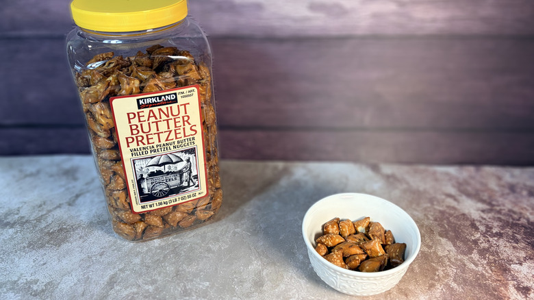 package and bowl of Kirkland peanut butter pretzel bites