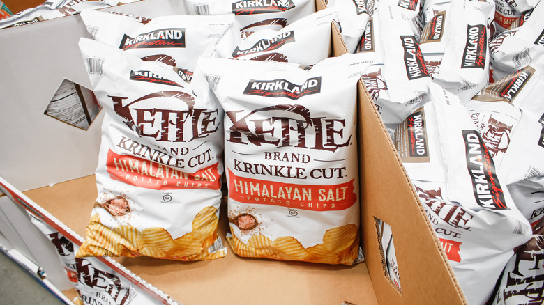 Kirkland Signature Krinkle Cut Pink Salt Kettle Chips on Costco store shelf