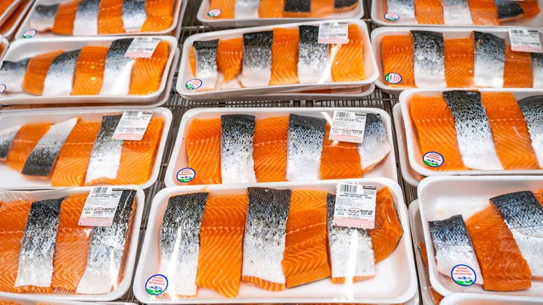 Kirkland Signature Fresh Farmed Atlantic Salmon fillets on display at Costco