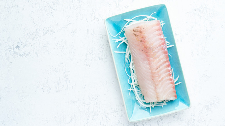 Raw walleye fillet on a plate