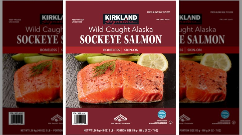A box of Kirkland Signature Frozen Wild Alaskan Sockeye Salmon