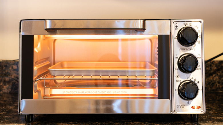 A stainless steel toaster oven