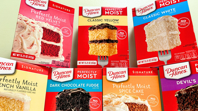 Extreme close up of several boxes of Duncan Hines Cake Mix