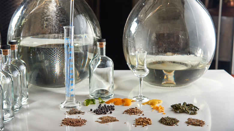 botanical gin ingredients in front of containers of clear distillates