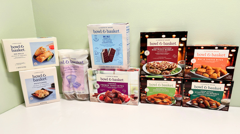 Several Bowl and Basket Frozen Snacks stacked together against a green and white background