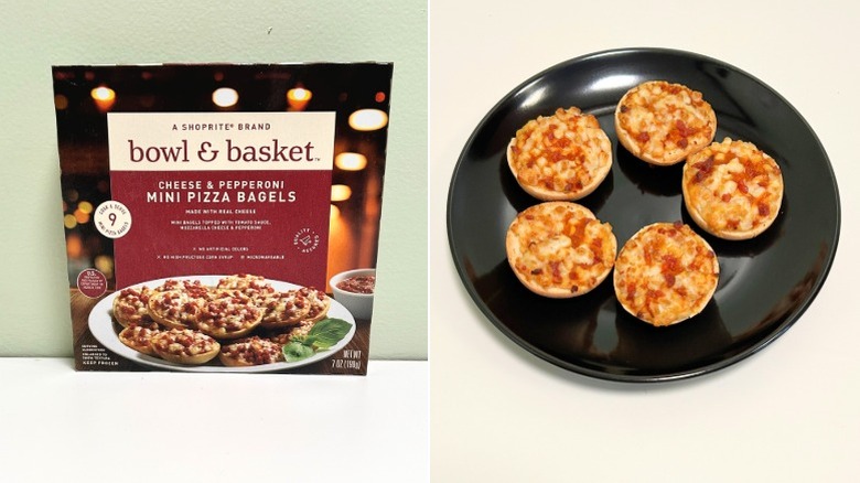 A box of Bowl and Basket Cheese and Pepperoni Mini Pizza Bagels next to a plate of mini pizza bagels