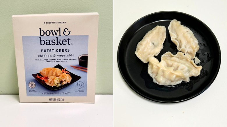 A box of Bowl and Basket Chicken and Vegetable potstickers next to a plate of potstickers
